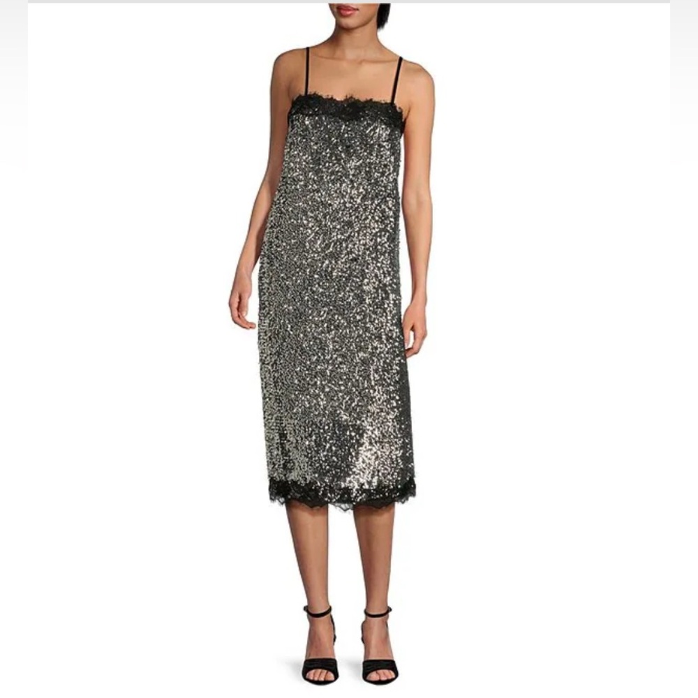 Gianni Bini X Lilly Sisto‎ Allegra Sequin Lace Trim Spaghetti Strap Midi Dress